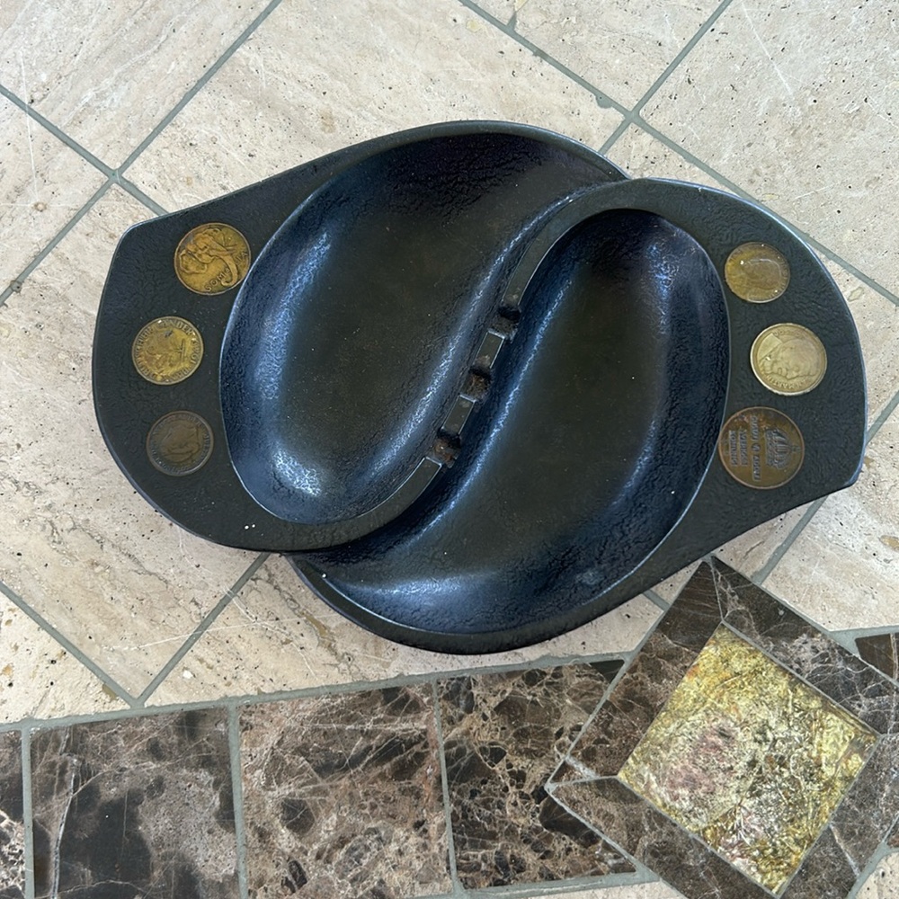 Antique ashtray with Imbedded foreign coins